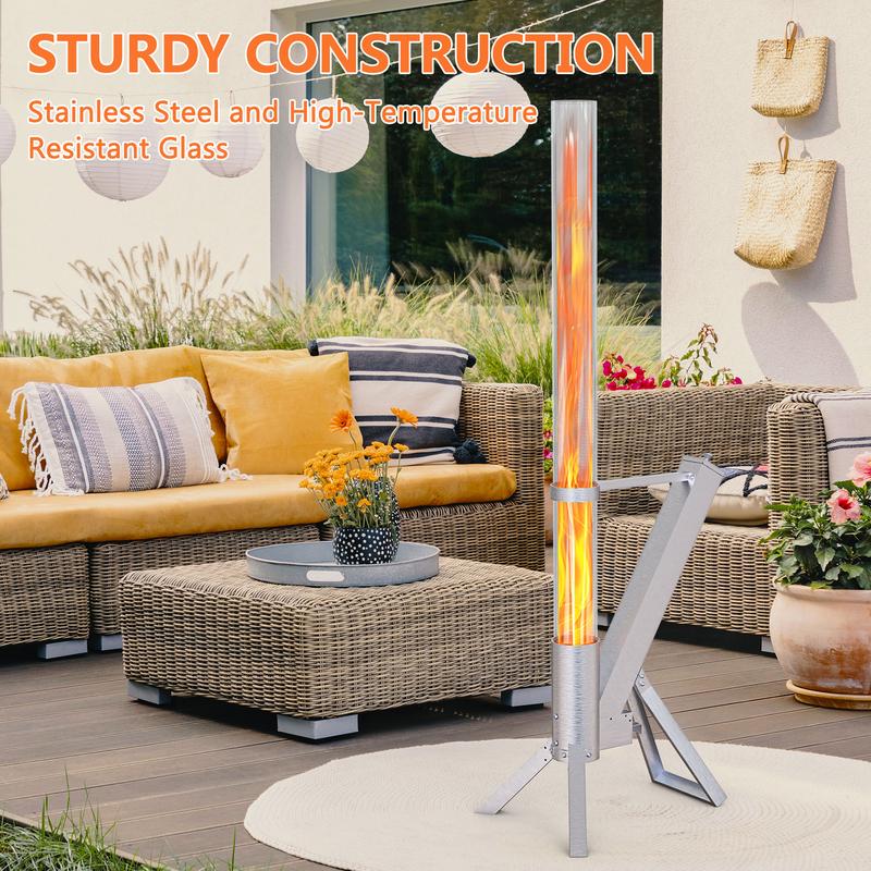 Pellet Torch Patio Heater – Portable Outdoor Fire Pit with Glass Tube, Wood Pellet Flame for Cozy Nights