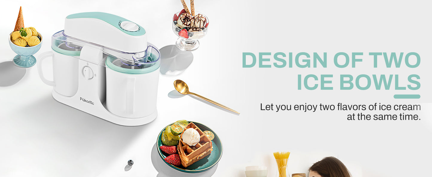 Ice Cream Maker Machine for Home Use, with Two Ice Cream Bowls,Simple Operation and Easy to Clean,White Green