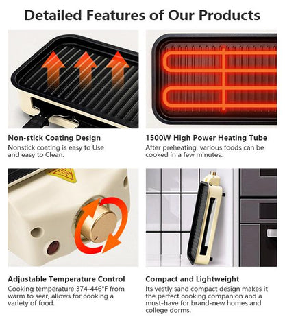 Electric Indoor Grill,2 in 1 Indoor Grills for Kitchen with Grill Net & Non-Stick Cooking Removable Plate, Temperature Control, Dishwasher Safe, 1500W Smokeless barbecue