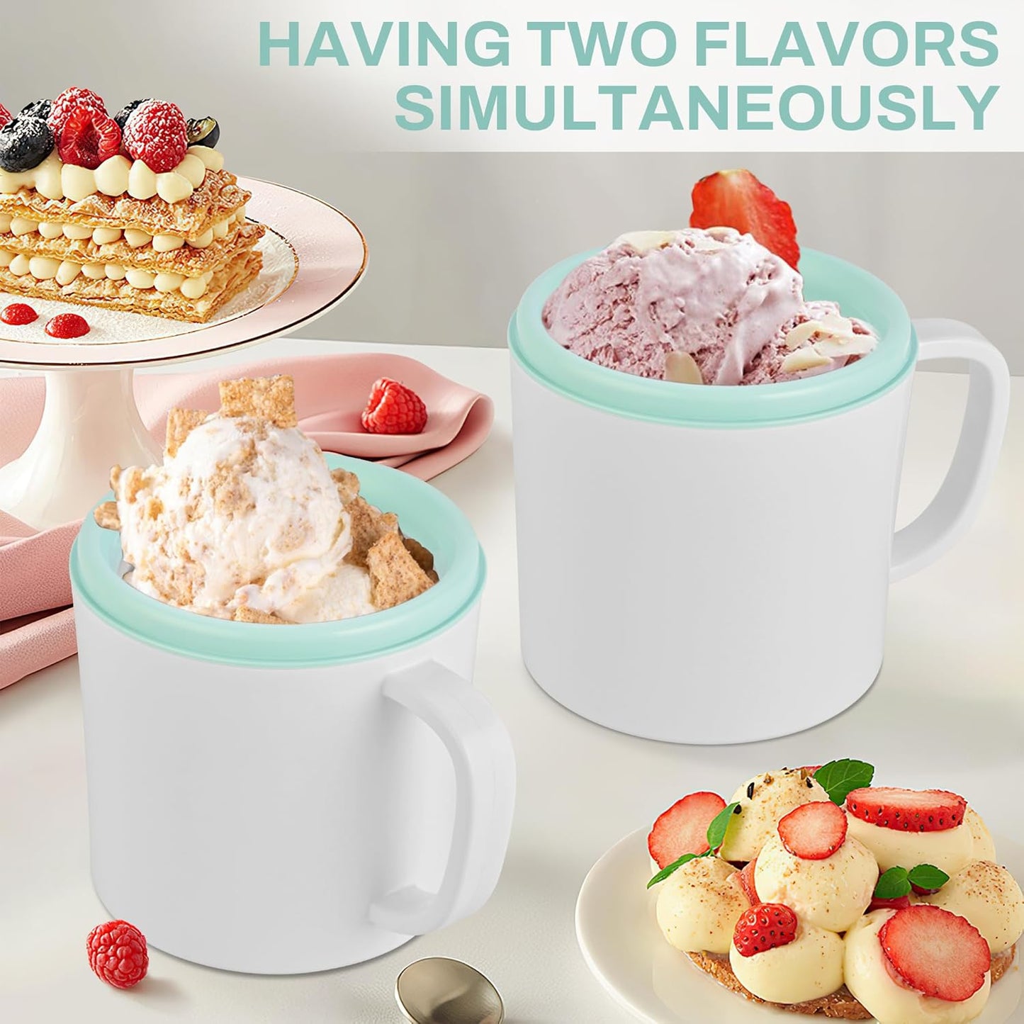 Ice Cream Maker Machine for Home Use, with Two Ice Cream Bowls,Simple Operation and Easy to Clean,White Green