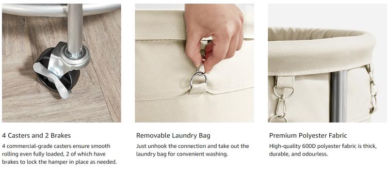 Laundry Basket with Wheels, Rolling Laundry Hamper, Round Laundry Cart with Steel Frame and Removable Bag ,Organiser