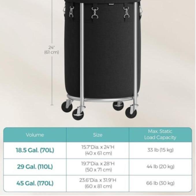 Laundry Basket with Wheels, Rolling Laundry Hamper, Round Laundry Cart with Steel Frame and Removable Bag ,Organiser
