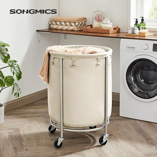 Laundry Basket with Wheels, Rolling Laundry Hamper, Round Laundry Cart with Steel Frame and Removable Bag ,Organiser