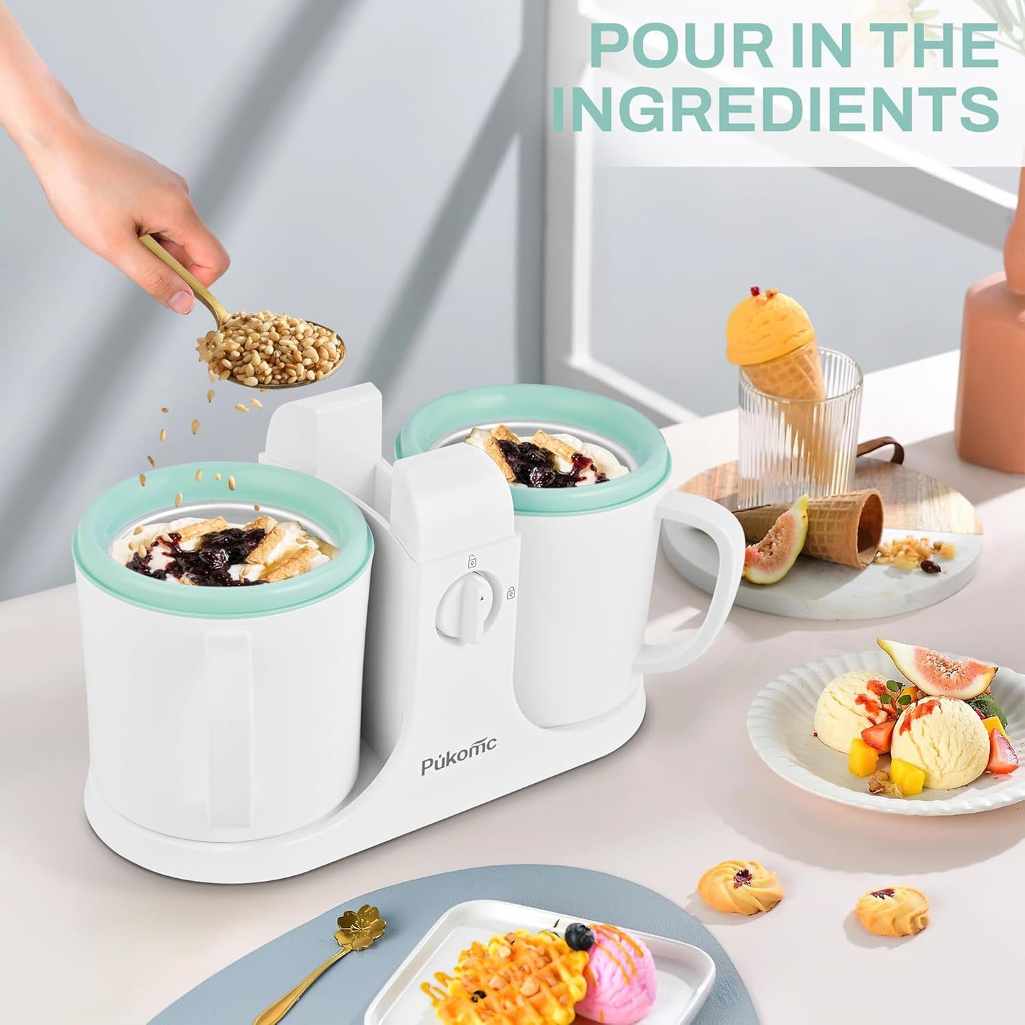 Ice Cream Maker Machine for Home Use, with Two Ice Cream Bowls,Simple Operation and Easy to Clean,White Green
