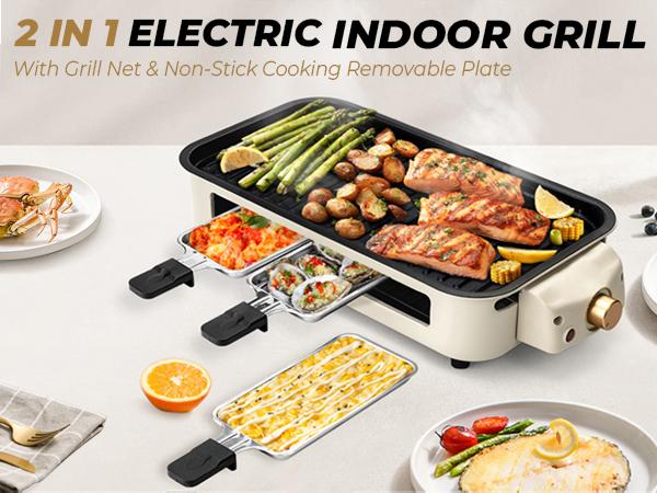 Electric Indoor Grill,2 in 1 Indoor Grills for Kitchen with Grill Net & Non-Stick Cooking Removable Plate, Temperature Control, Dishwasher Safe, 1500W Smokeless barbecue