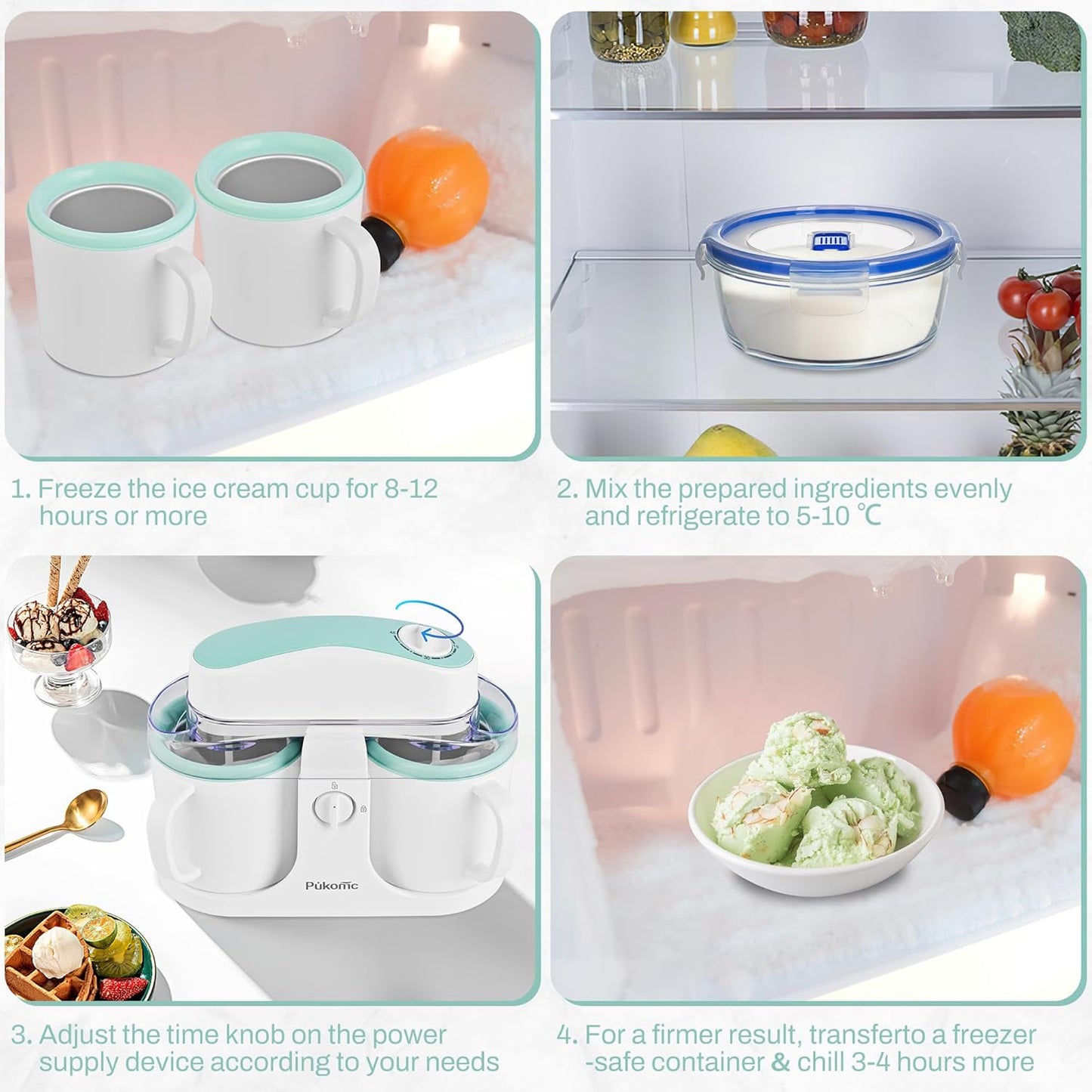 Ice Cream Maker Machine for Home Use, with Two Ice Cream Bowls,Simple Operation and Easy to Clean,White Green