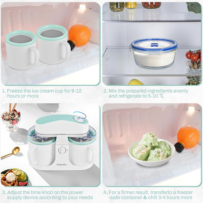 Ice Cream Maker Machine for Home Use, with Two Ice Cream Bowls,Simple Operation and Easy to Clean,White Green