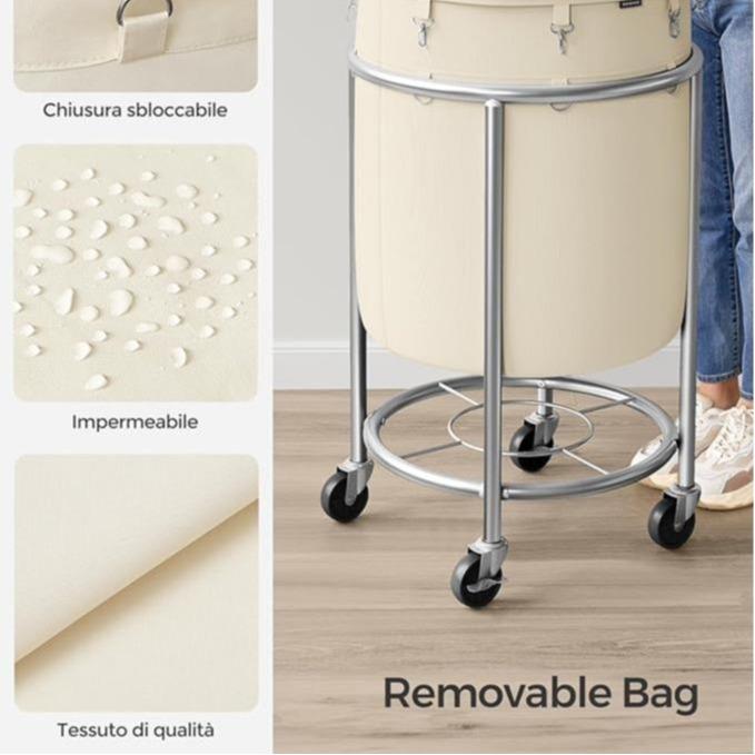 Laundry Basket with Wheels, Rolling Laundry Hamper, Round Laundry Cart with Steel Frame and Removable Bag ,Organiser