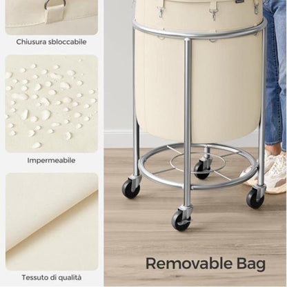 Laundry Basket with Wheels, Rolling Laundry Hamper, Round Laundry Cart with Steel Frame and Removable Bag ,Organiser