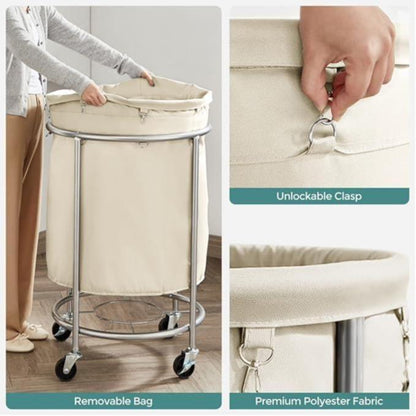 Laundry Basket with Wheels, Rolling Laundry Hamper, Round Laundry Cart with Steel Frame and Removable Bag ,Organiser